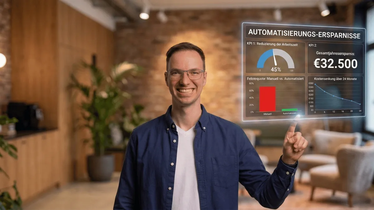 Christoph Stenglein zeigt auf ein holografisches Dashboard mit Automatisierungs-Ersparnissen