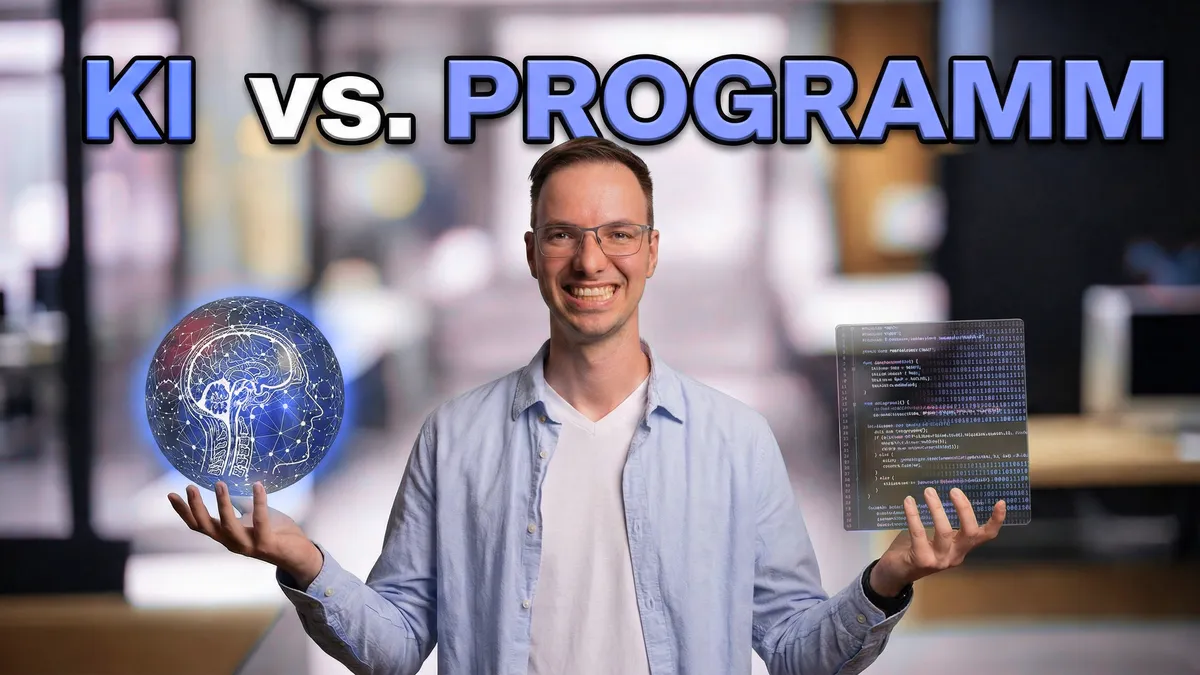 Christoph Stenglein hält symbolisch eine KI-Gehirnkugel und ein Programm-Code-Display in den Händen