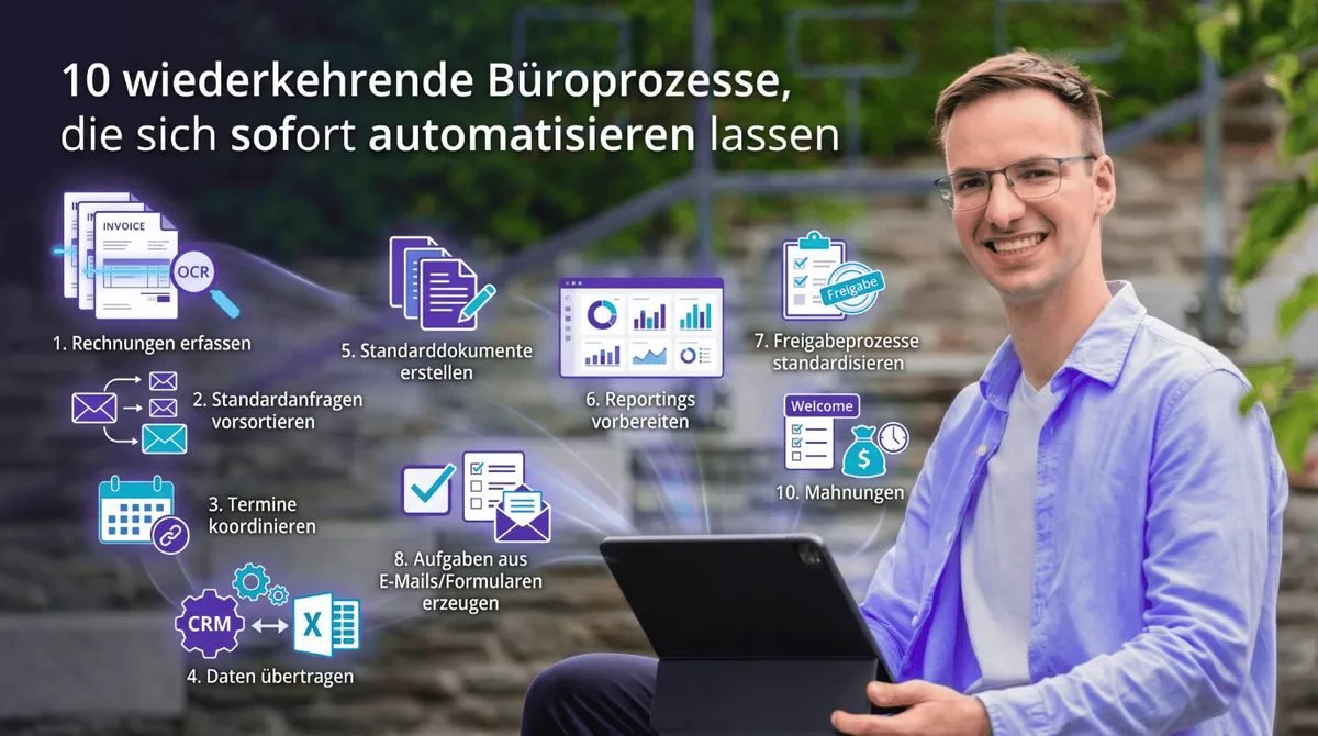 Übersicht: 10 wiederkehrende Büroprozesse automatisieren: Rechnungserfassung, E-Mail-Sortierung bis Mahnwesen