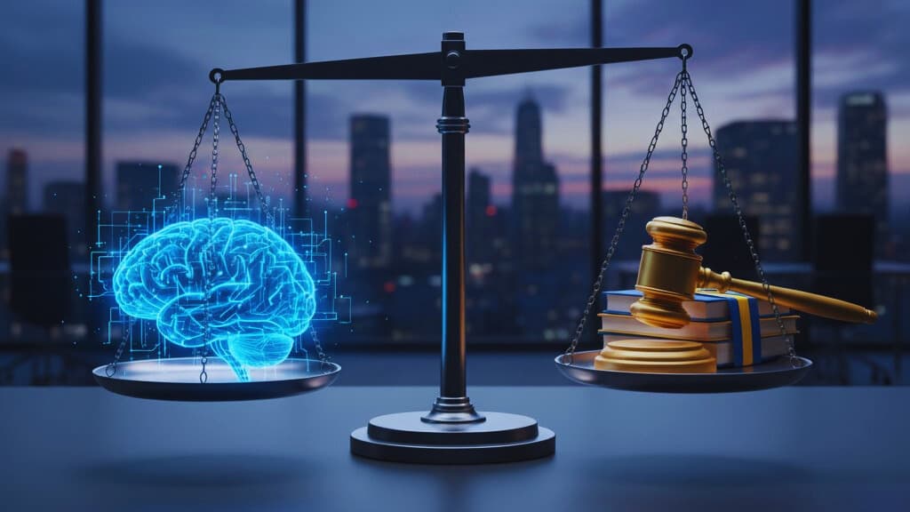 Eine Waage im Gleichgewicht, auf der einen Seite ein leuchtendes, digitales Gehirn, auf der anderen Seite Bücher und ein Richterhammer.